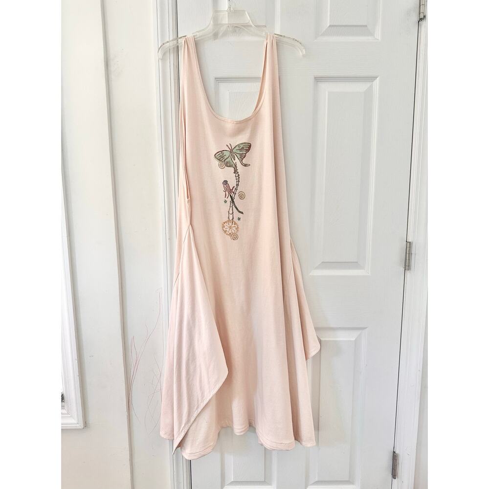 Blue Fish Beige Hand Painted Cotton Long Tank Swing Lagenlook Dress OS Butterfly - Picture 7 of 9